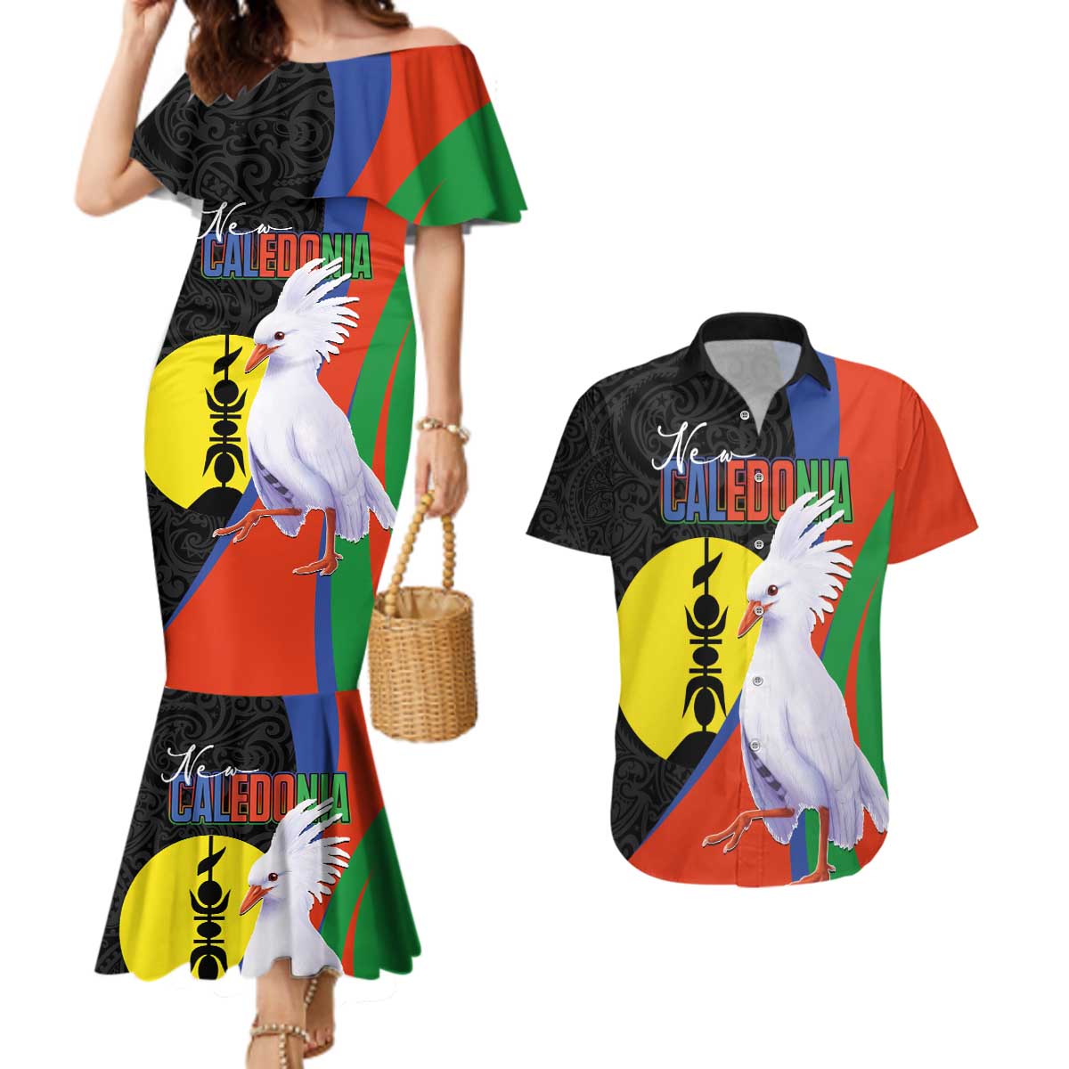New Caledonia Couples Matching Mermaid Dress and Hawaiian Shirt Kagu Bird and The Seal with Melanesian Culture - Polynesian Pride