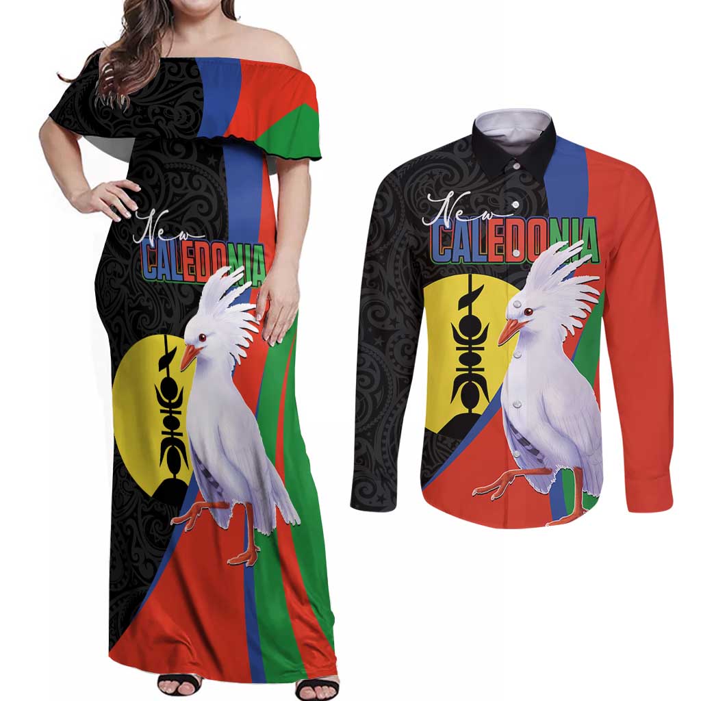 New Caledonia Couples Matching Off Shoulder Maxi Dress and Long Sleeve Button Shirt Kagu Bird and The Seal with Melanesian Culture LT03 Black - Polynesian Pride
