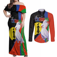 New Caledonia Couples Matching Off Shoulder Maxi Dress and Long Sleeve Button Shirt Kagu Bird and The Seal with Melanesian Culture LT03 Black - Polynesian Pride
