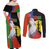 New Caledonia Couples Matching Off Shoulder Maxi Dress and Long Sleeve Button Shirt Kagu Bird and The Seal with Melanesian Culture LT03 - Polynesian Pride