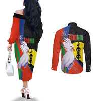 New Caledonia Couples Matching Off The Shoulder Long Sleeve Dress and Long Sleeve Button Shirt Kagu Bird and The Seal with Melanesian Culture - Polynesian Pride