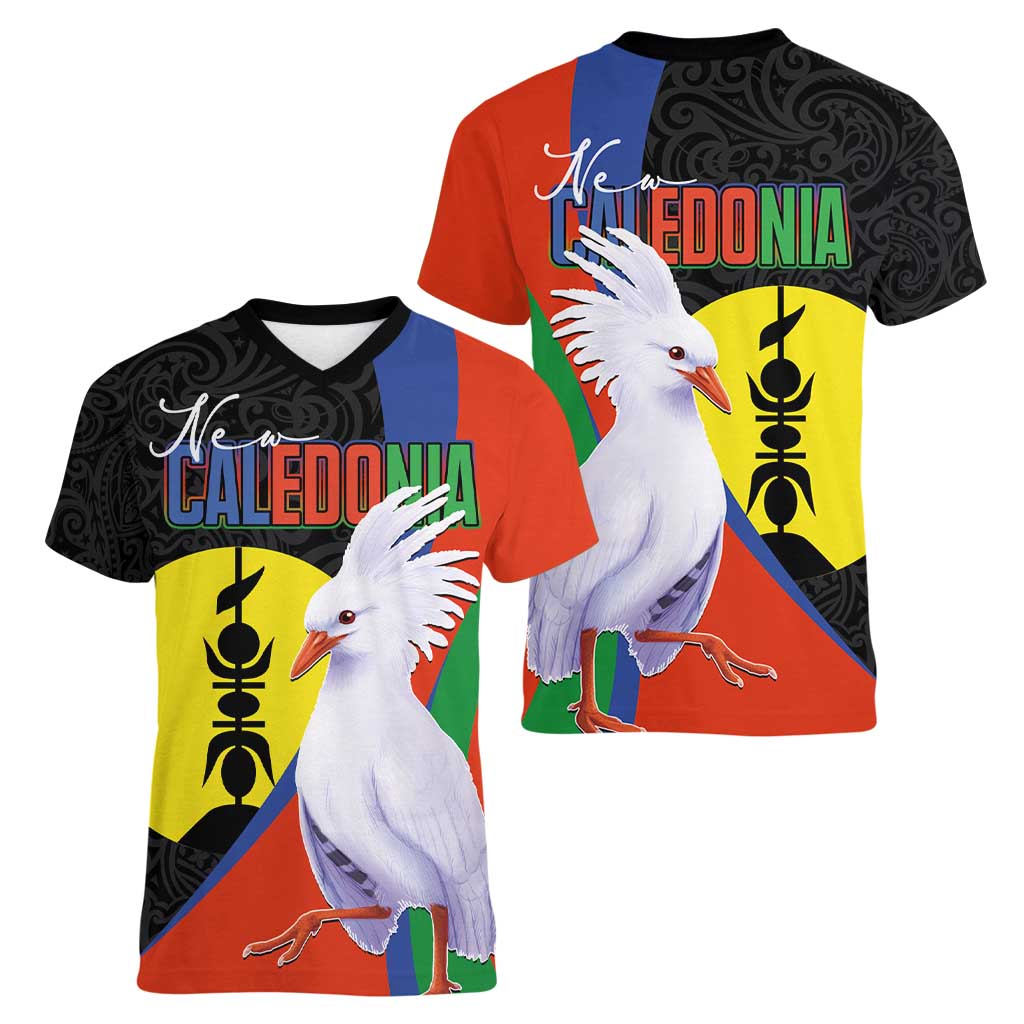 New Caledonia Women V-Neck T-Shirt Kagu Bird and The Seal with Melanesian Culture - Polynesian Pride