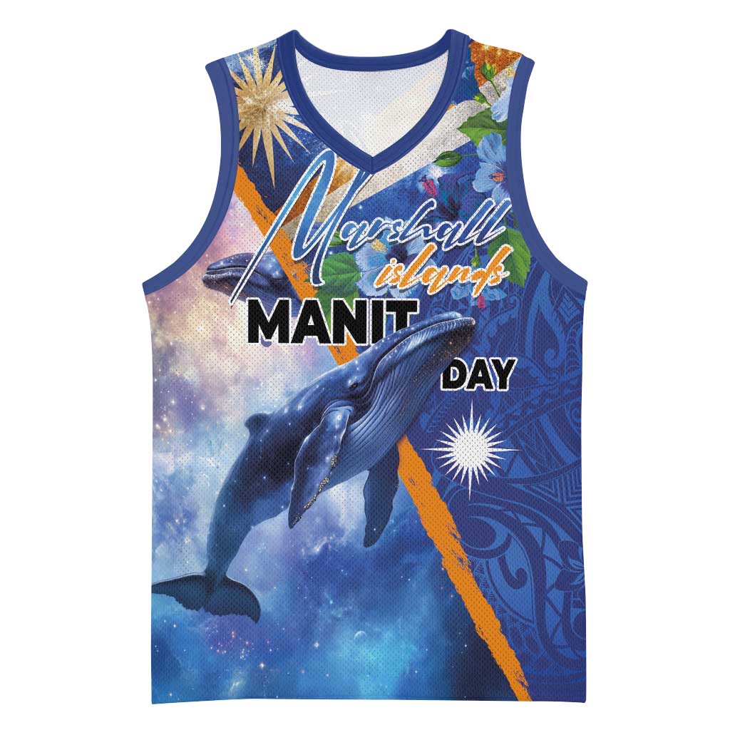 Marshall Islands Manit Day Basketball Jersey Grunge National Flag with Whales and Tribal Tattoos - Polynesian Pride