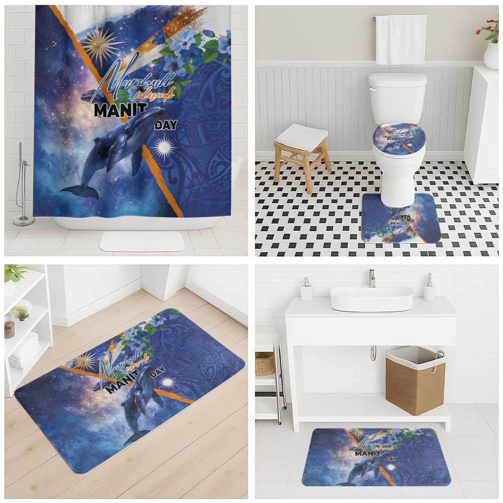 Marshall Islands Manit Day Bathroom Set Grunge National Flag with Whales and Tribal Tattoos - Polynesian Pride