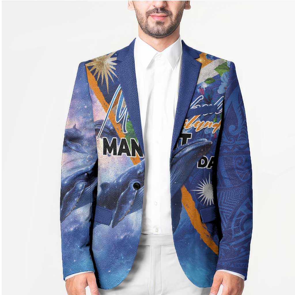 Marshall Islands Manit Day Blazer Grunge National Flag with Whales and Tribal Tattoos - Polynesian Pride