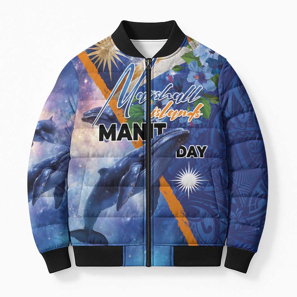 Marshall Islands Manit Day Bomber Puffer Jacket Grunge National Flag with Whales and Tribal Tattoos - Polynesian Pride