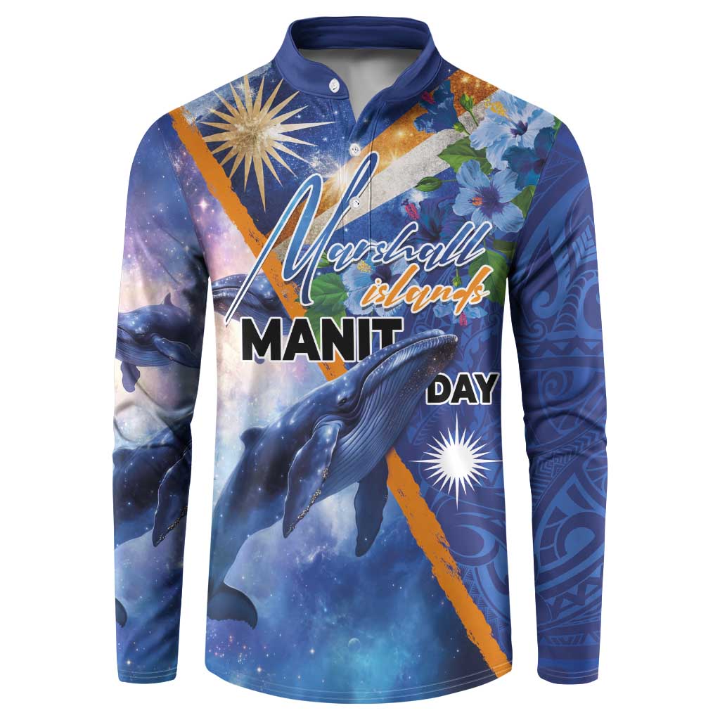 Marshall Islands Manit Day Button Sweatshirt Grunge National Flag with Whales and Tribal Tattoos - Polynesian Pride