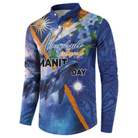 Marshall Islands Manit Day Button Sweatshirt Grunge National Flag with Whales and Tribal Tattoos - Polynesian Pride