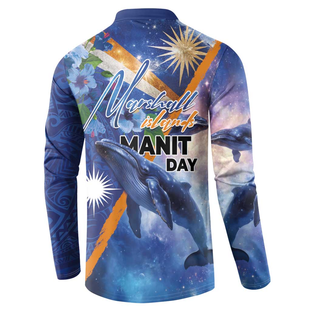 Marshall Islands Manit Day Button Sweatshirt Grunge National Flag with Whales and Tribal Tattoos - Polynesian Pride