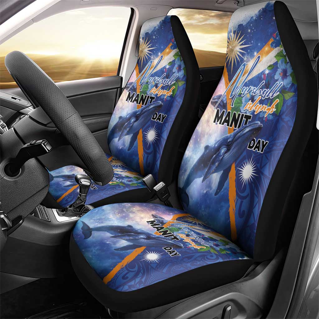 Marshall Islands Manit Day Car Seat Cover Grunge National Flag with Whales and Tribal Tattoos - Polynesian Pride