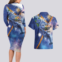 Marshall Islands Manit Day Couples Matching Long Sleeve Bodycon Dress and Hawaiian Shirt Grunge National Flag with Whales and Tribal Tattoos - Polynesian Pride