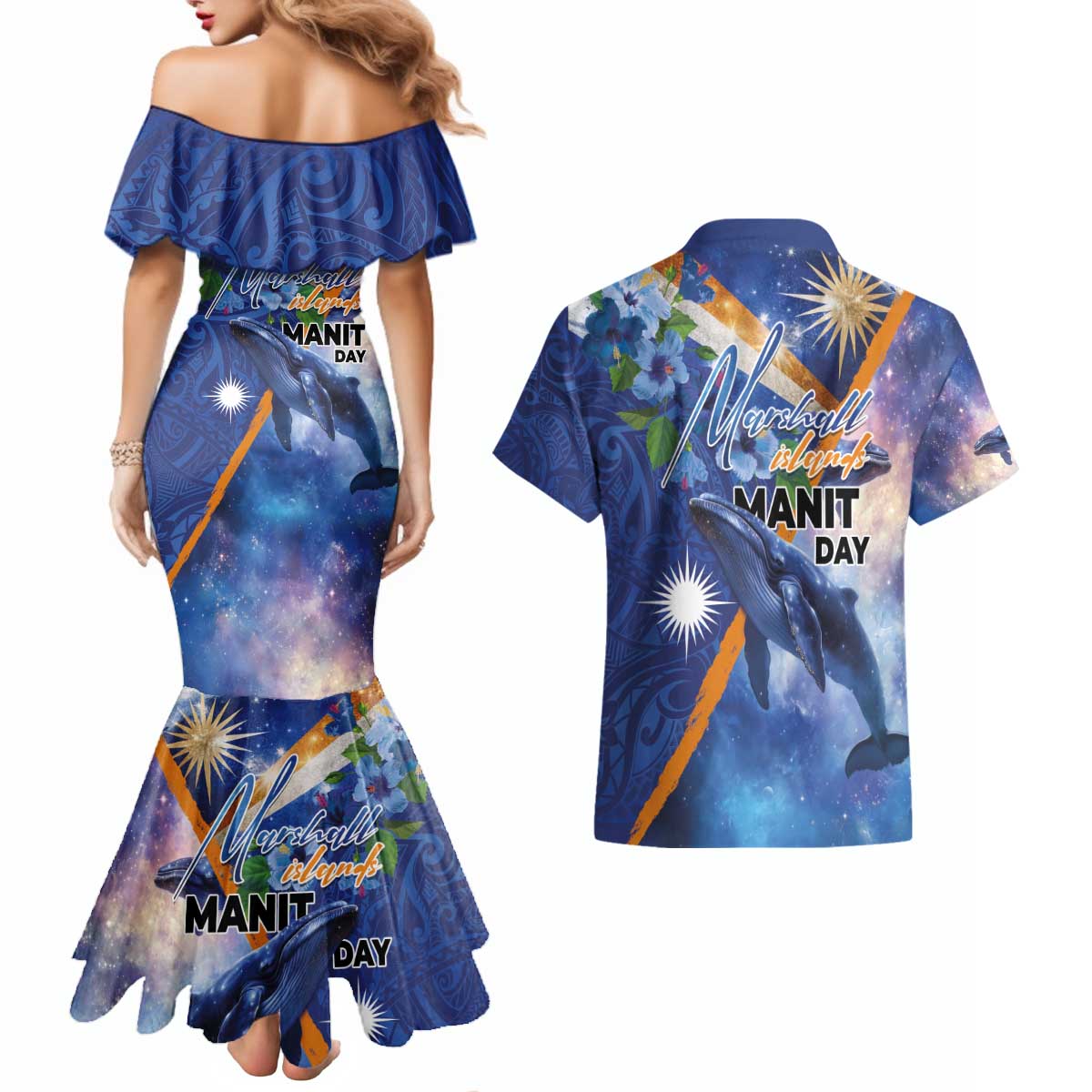 Marshall Islands Manit Day Couples Matching Mermaid Dress and Hawaiian Shirt Grunge National Flag with Whales and Tribal Tattoos - Polynesian Pride
