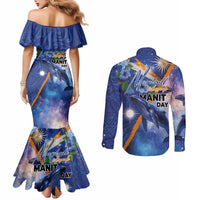 Marshall Islands Manit Day Couples Matching Mermaid Dress and Long Sleeve Button Shirt Grunge National Flag with Whales and Tribal Tattoos - Polynesian Pride