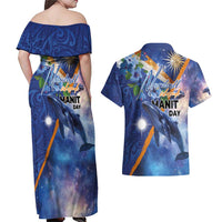 Marshall Islands Manit Day Couples Matching Off Shoulder Maxi Dress and Hawaiian Shirt Grunge National Flag with Whales and Tribal Tattoos - Polynesian Pride