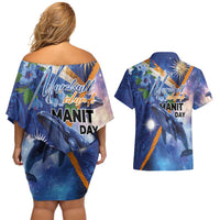 Marshall Islands Manit Day Couples Matching Off Shoulder Short Dress and Hawaiian Shirt Grunge National Flag with Whales and Tribal Tattoos - Polynesian Pride
