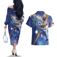 Marshall Islands Manit Day Couples Matching Off The Shoulder Long Sleeve Dress and Hawaiian Shirt Grunge National Flag with Whales and Tribal Tattoos - Polynesian Pride