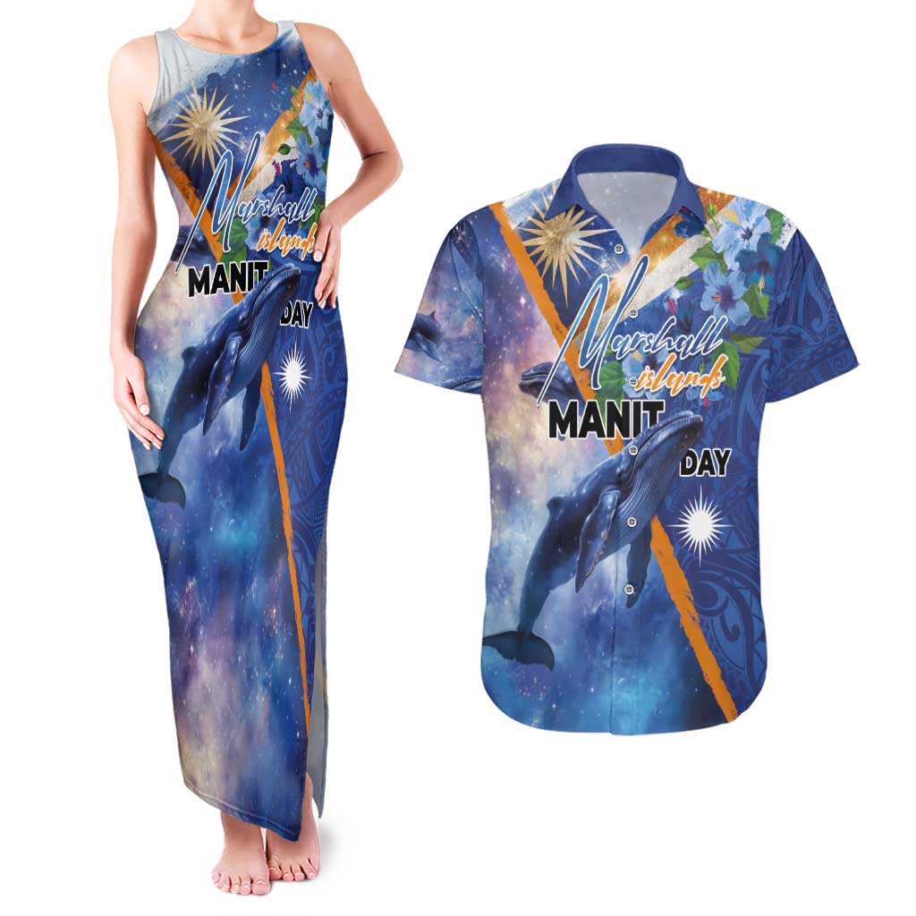 Marshall Islands Manit Day Couples Matching Tank Maxi Dress and Hawaiian Shirt Grunge National Flag with Whales and Tribal Tattoos - Polynesian Pride