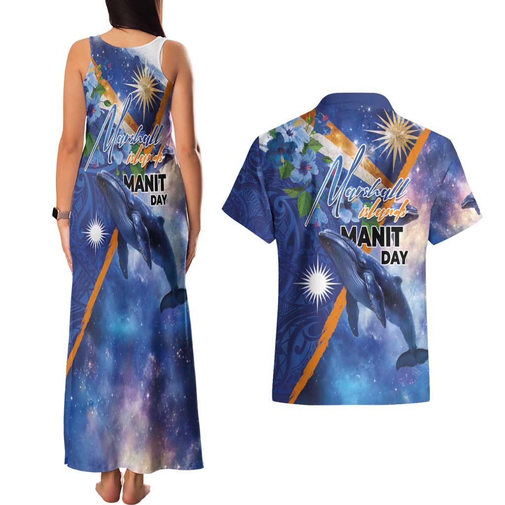 Marshall Islands Manit Day Couples Matching Tank Maxi Dress and Hawaiian Shirt Grunge National Flag with Whales and Tribal Tattoos - Polynesian Pride