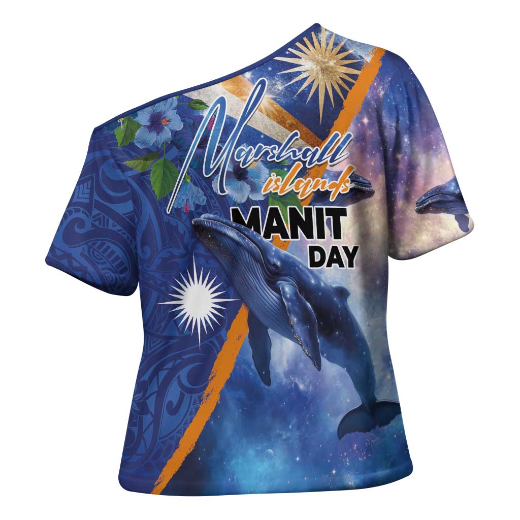 Marshall Islands Manit Day Cross Shoulder Shirt Grunge National Flag with Whales and Tribal Tattoos - Polynesian Pride