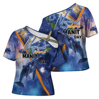 Marshall Islands Manit Day Cross Shoulder Shirt Grunge National Flag with Whales and Tribal Tattoos - Polynesian Pride