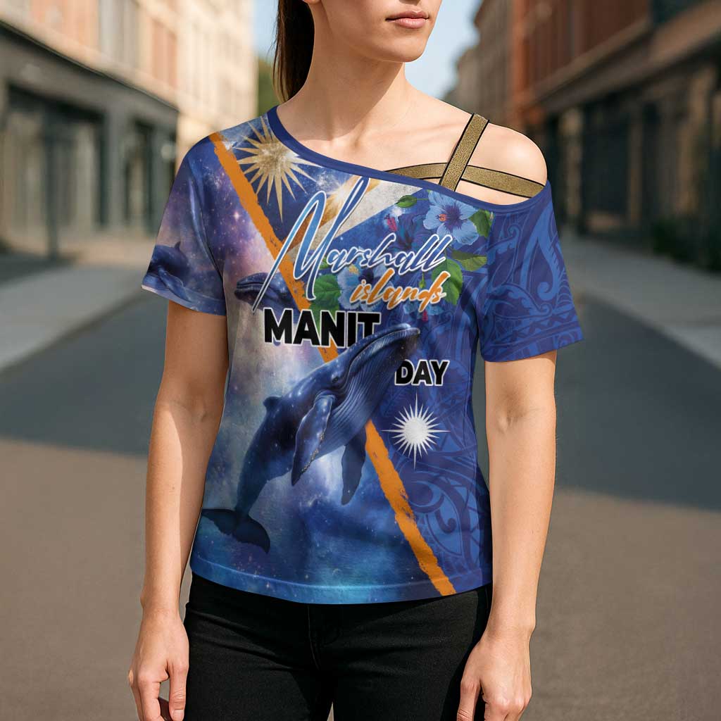Marshall Islands Manit Day Cross Shoulder Shirt Grunge National Flag with Whales and Tribal Tattoos - Polynesian Pride