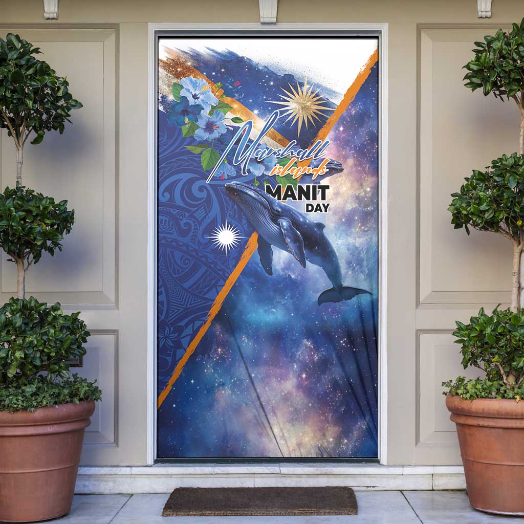 Marshall Islands Manit Day Door Cover Grunge National Flag with Whales and Tribal Tattoos - Polynesian Pride