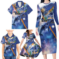Marshall Islands Manit Day Family Matching Long Sleeve Bodycon Dress and Hawaiian Shirt Grunge National Flag with Whales and Tribal Tattoos - Polynesian Pride