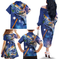 Marshall Islands Manit Day Family Matching Off The Shoulder Long Sleeve Dress and Hawaiian Shirt Grunge National Flag with Whales and Tribal Tattoos - Polynesian Pride