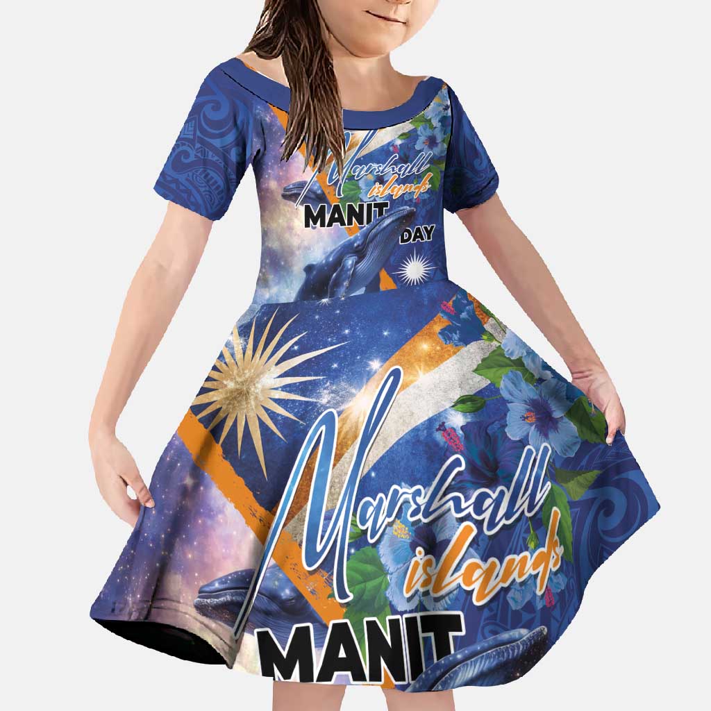 Marshall Islands Manit Day Family Matching Off Shoulder Maxi Dress and Hawaiian Shirt Grunge National Flag with Whales and Tribal Tattoos - Polynesian Pride