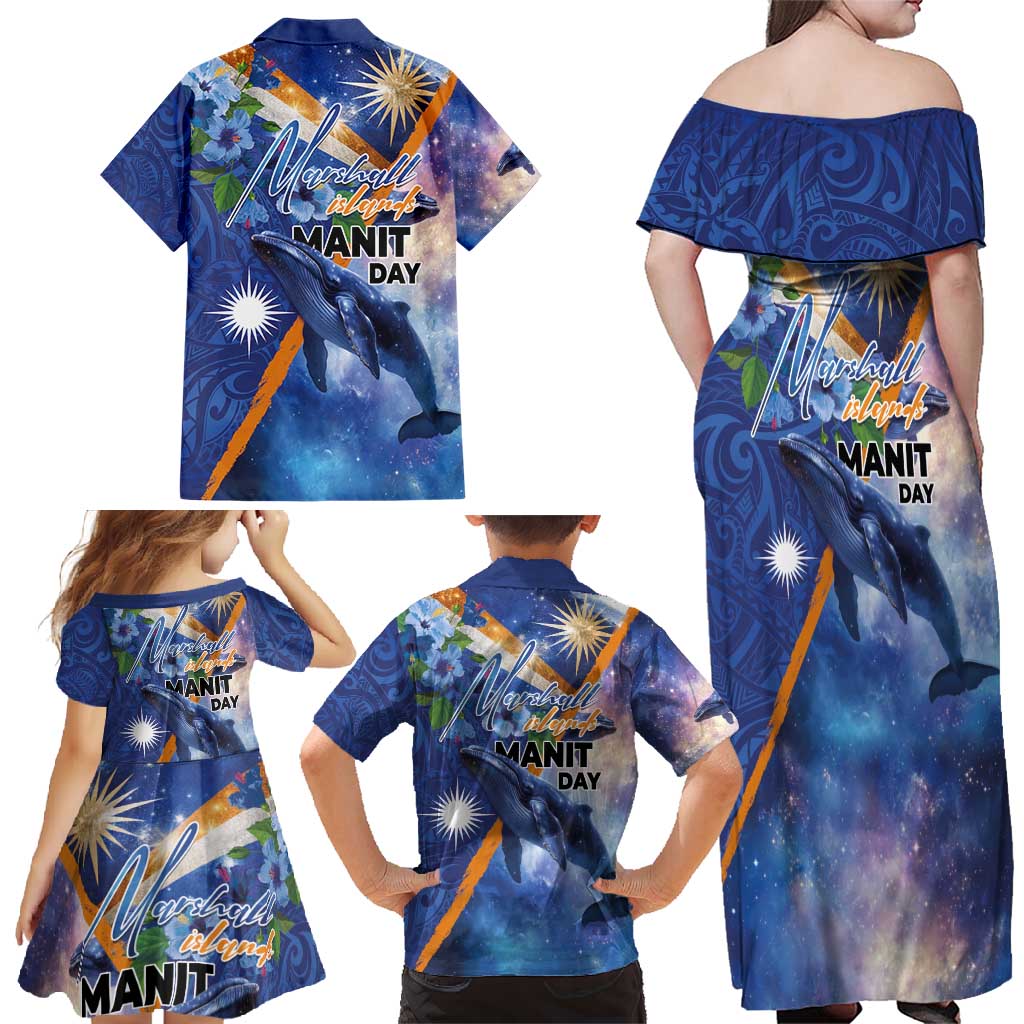 Marshall Islands Manit Day Family Matching Off Shoulder Maxi Dress and Hawaiian Shirt Grunge National Flag with Whales and Tribal Tattoos - Polynesian Pride