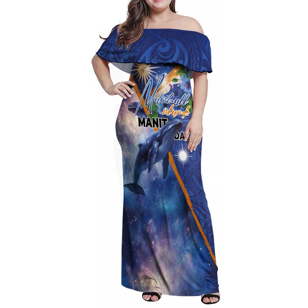 Marshall Islands Manit Day Family Matching Off Shoulder Maxi Dress and Hawaiian Shirt Grunge National Flag with Whales and Tribal Tattoos - Polynesian Pride