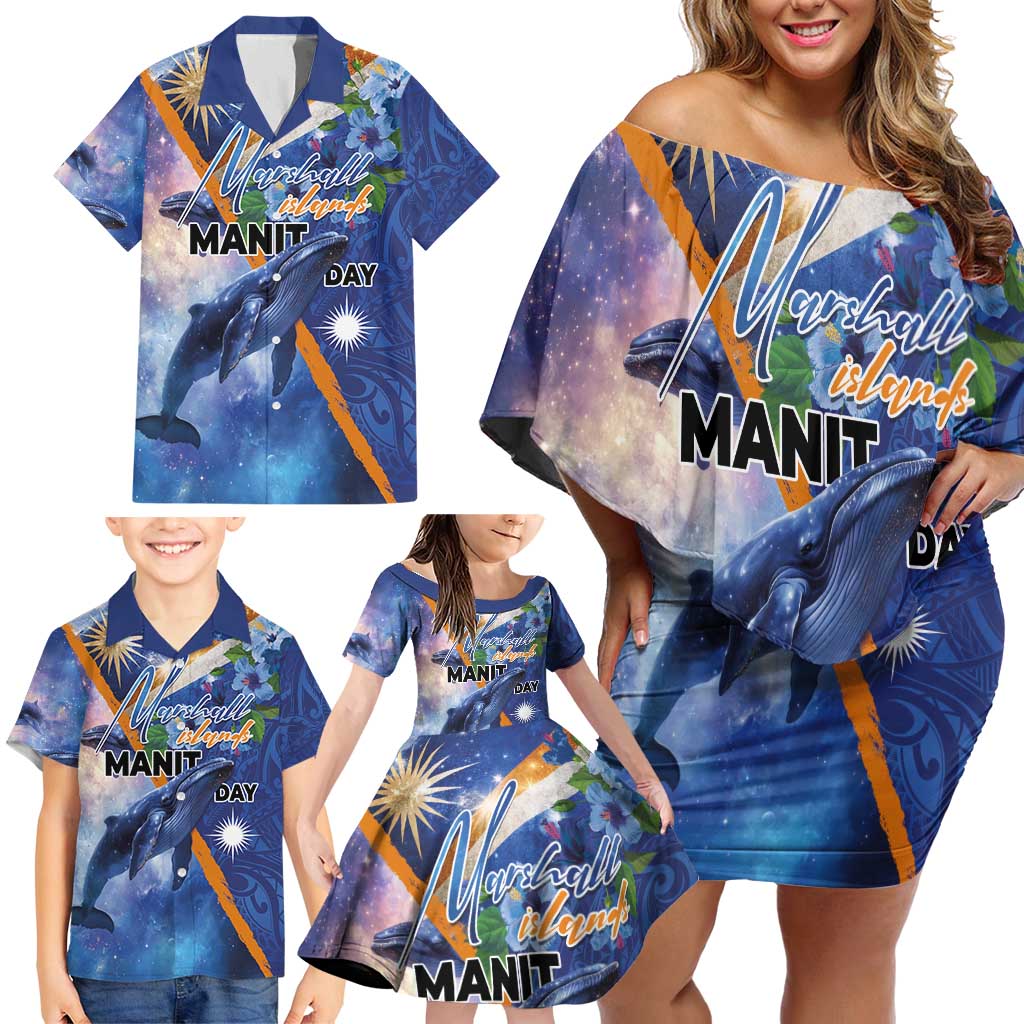 Marshall Islands Manit Day Family Matching Off Shoulder Short Dress and Hawaiian Shirt Grunge National Flag with Whales and Tribal Tattoos - Polynesian Pride