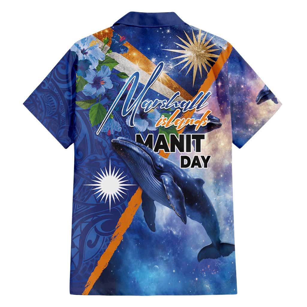 Marshall Islands Manit Day Family Matching Off Shoulder Short Dress and Hawaiian Shirt Grunge National Flag with Whales and Tribal Tattoos - Polynesian Pride