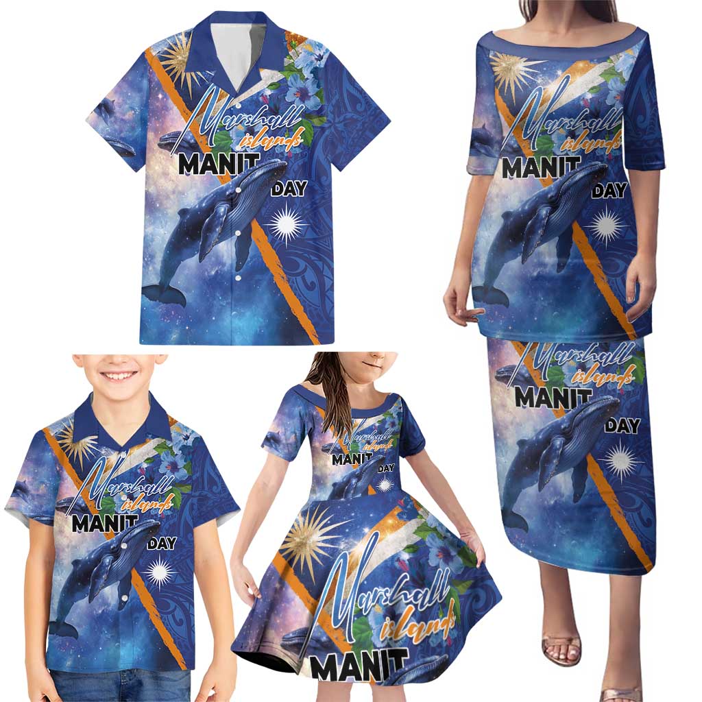 Marshall Islands Manit Day Family Matching Puletasi and Hawaiian Shirt Grunge National Flag with Whales and Tribal Tattoos - Polynesian Pride