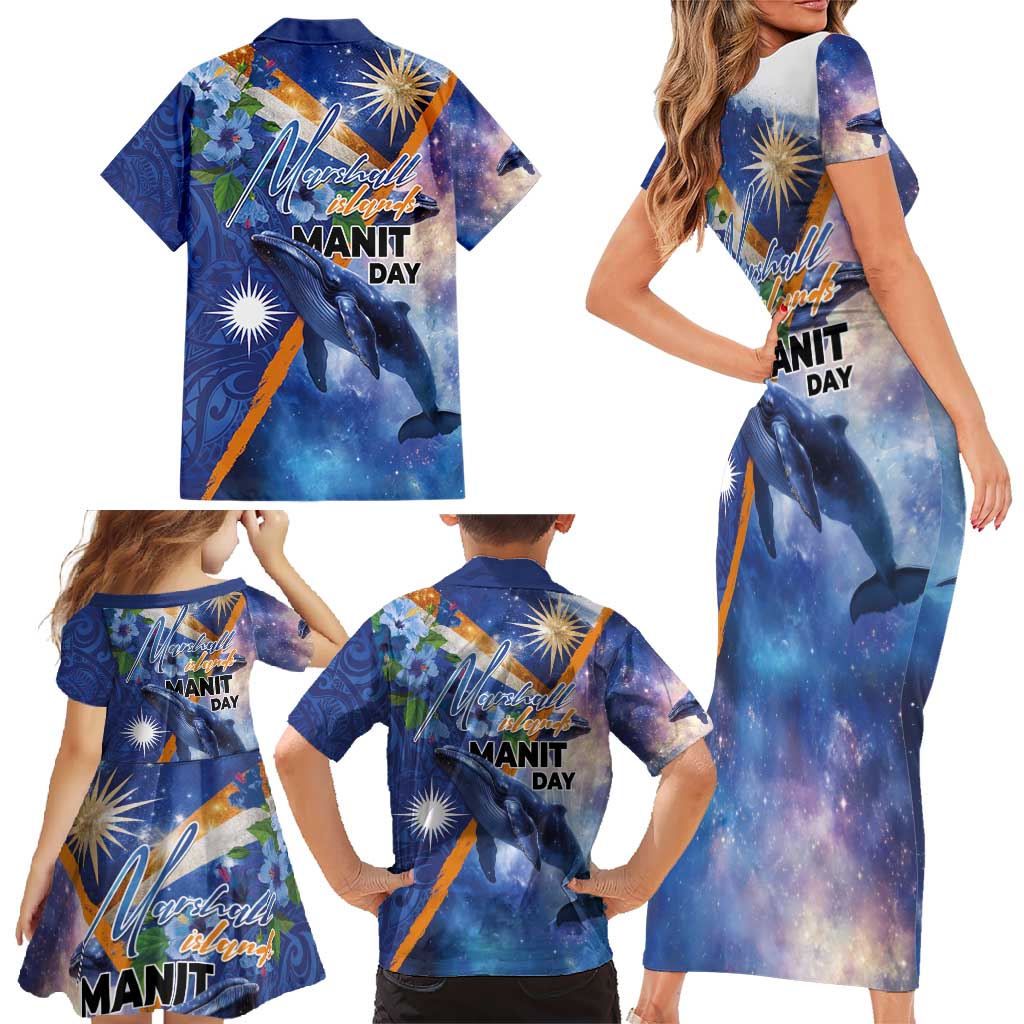 Marshall Islands Manit Day Family Matching Short Sleeve Bodycon Dress and Hawaiian Shirt Grunge National Flag with Whales and Tribal Tattoos - Polynesian Pride