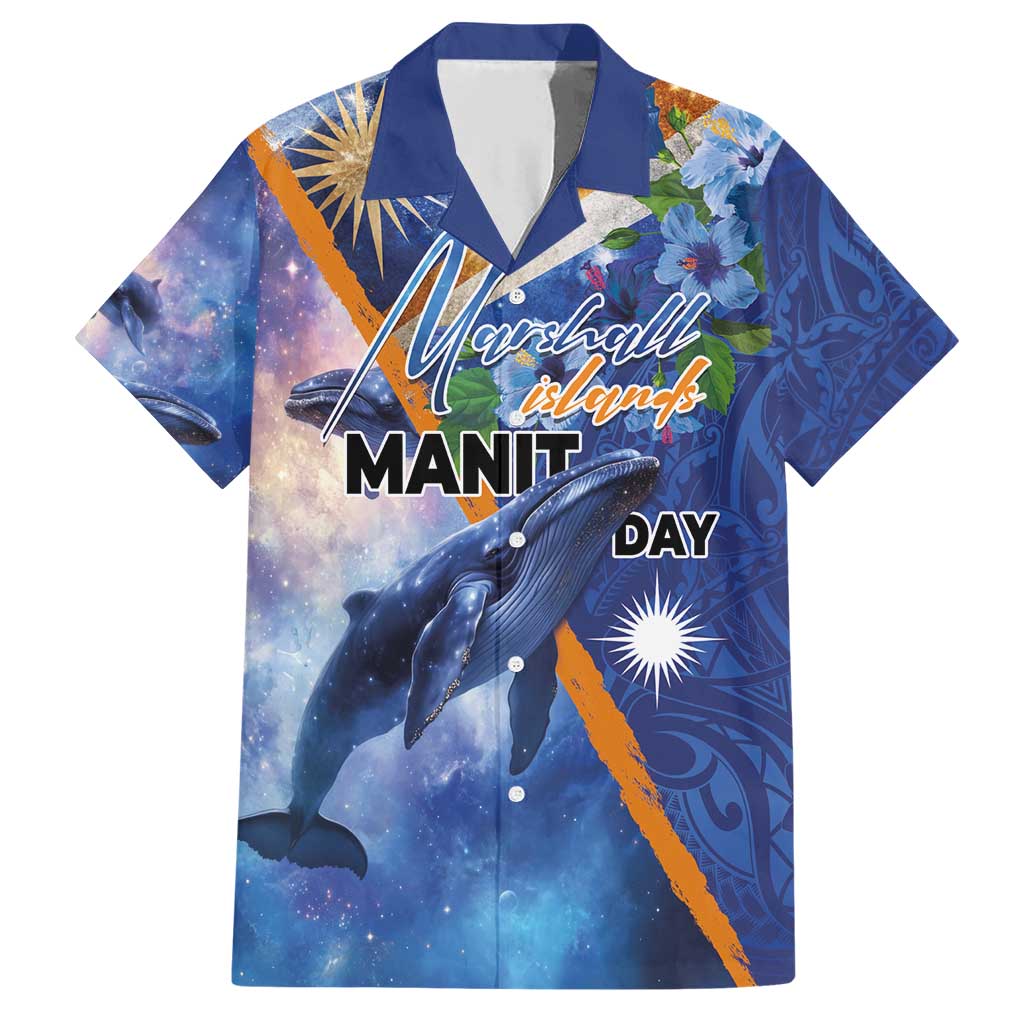 Marshall Islands Manit Day Family Matching Short Sleeve Bodycon Dress and Hawaiian Shirt Grunge National Flag with Whales and Tribal Tattoos - Polynesian Pride
