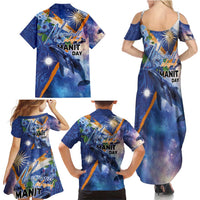 Marshall Islands Manit Day Family Matching Summer Maxi Dress and Hawaiian Shirt Grunge National Flag with Whales and Tribal Tattoos - Polynesian Pride