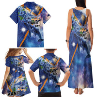 Marshall Islands Manit Day Family Matching Tank Maxi Dress and Hawaiian Shirt Grunge National Flag with Whales and Tribal Tattoos - Polynesian Pride