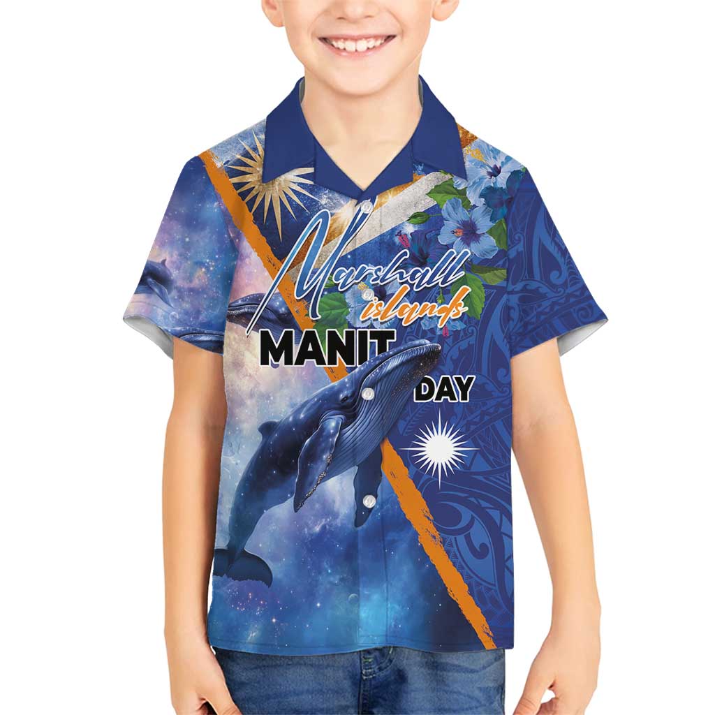 Marshall Islands Manit Day Family Matching Tank Maxi Dress and Hawaiian Shirt Grunge National Flag with Whales and Tribal Tattoos - Polynesian Pride