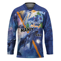 Marshall Islands Manit Day Hockey Jersey Grunge National Flag with Whales and Tribal Tattoos - Polynesian Pride