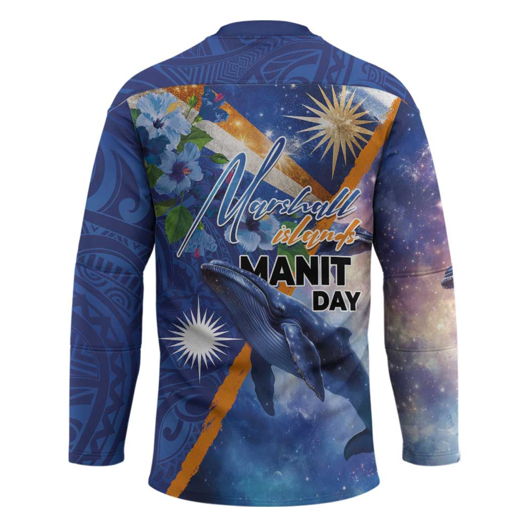 Marshall Islands Manit Day Hockey Jersey Grunge National Flag with Whales and Tribal Tattoos - Polynesian Pride