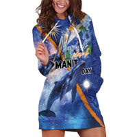 Marshall Islands Manit Day Hoodie Dress Grunge National Flag with Whales and Tribal Tattoos - Polynesian Pride