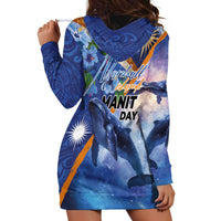 Marshall Islands Manit Day Hoodie Dress Grunge National Flag with Whales and Tribal Tattoos - Polynesian Pride
