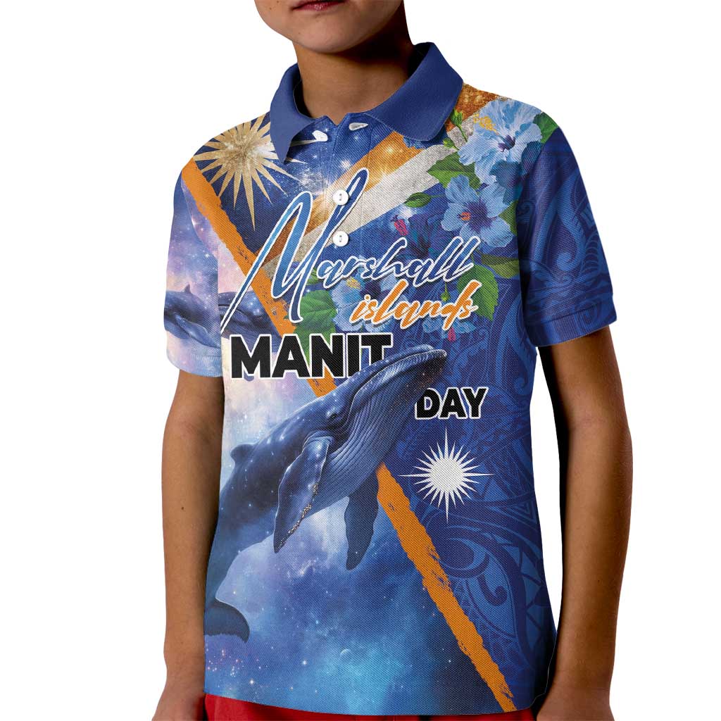 Marshall Islands Manit Day Kid Polo Shirt Grunge National Flag with Whales and Tribal Tattoos - Polynesian Pride
