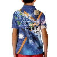 Marshall Islands Manit Day Kid Polo Shirt Grunge National Flag with Whales and Tribal Tattoos - Polynesian Pride