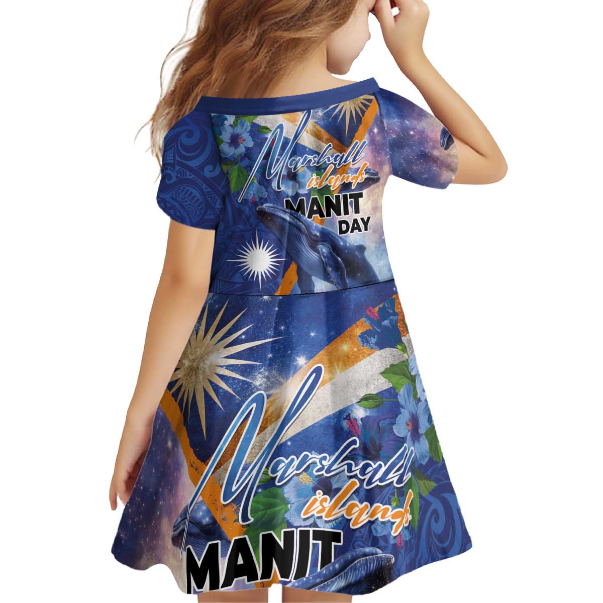 Marshall Islands Manit Day Kid Short Sleeve Dress Grunge National Flag with Whales and Tribal Tattoos - Polynesian Pride
