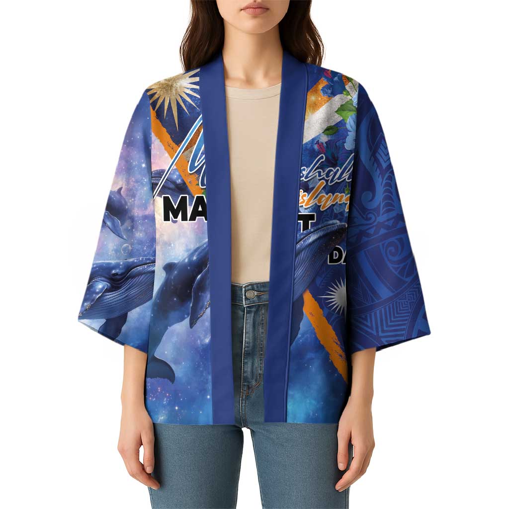Marshall Islands Manit Day Kimono Grunge National Flag with Whales and Tribal Tattoos - Polynesian Pride