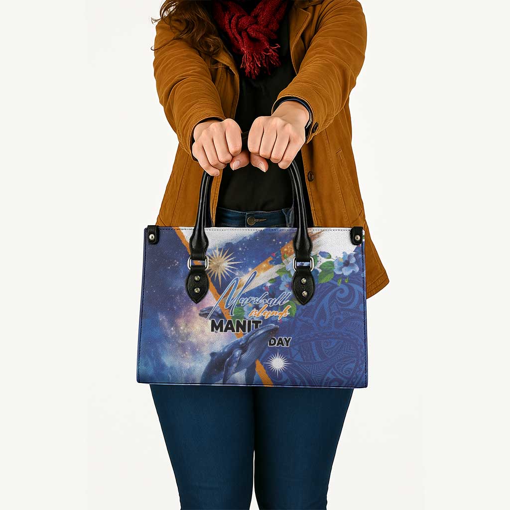 Marshall Islands Manit Day Leather Bag Grunge National Flag with Whales and Tribal Tattoos - Polynesian Pride