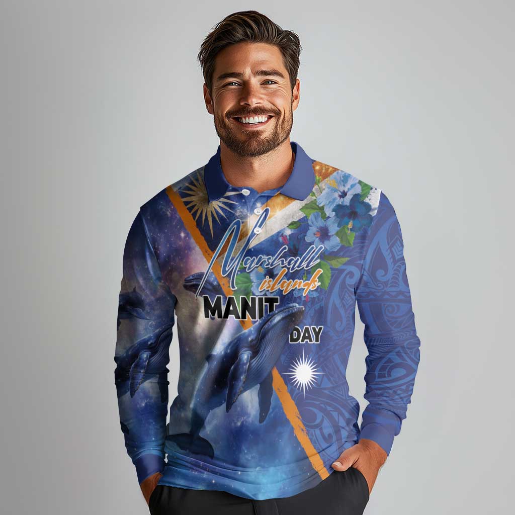Marshall Islands Manit Day Long Sleeve Polo Shirt Grunge National Flag with Whales and Tribal Tattoos - Polynesian Pride