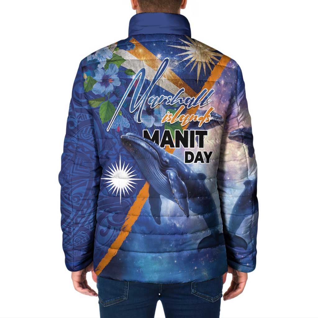 Marshall Islands Manit Day Padded Jacket Grunge National Flag with Whales and Tribal Tattoos - Polynesian Pride